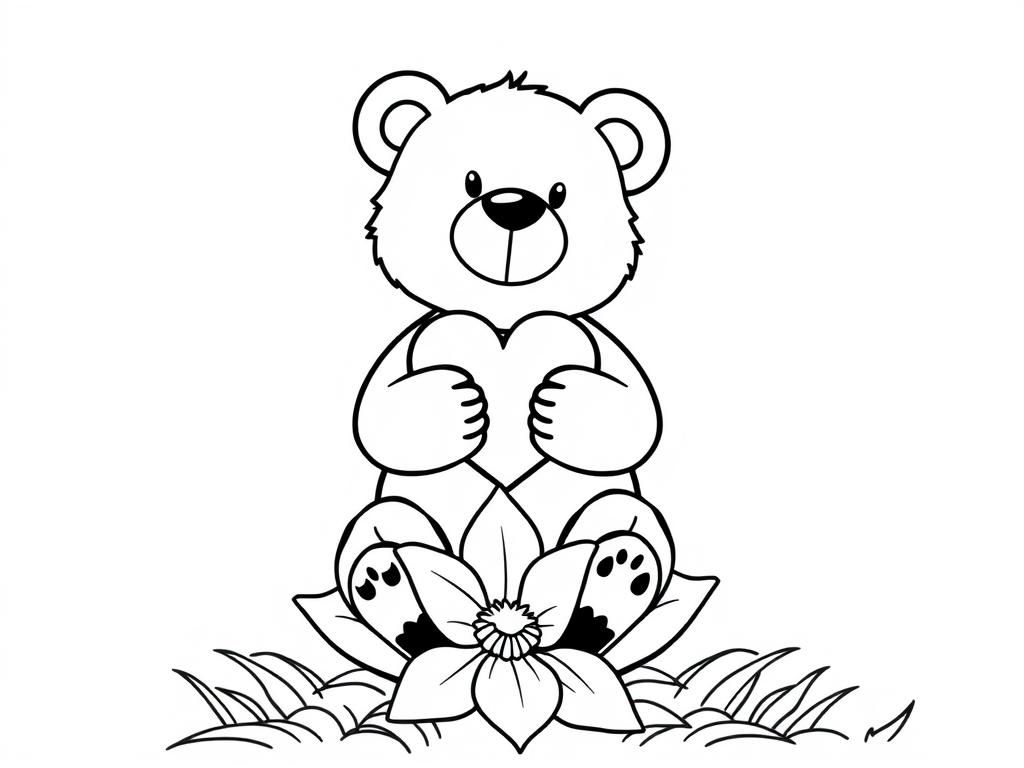 bear holding a heart, sitting on top of a flower