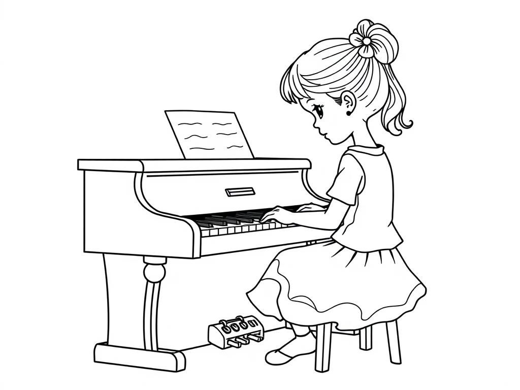 Kleurplaat van het pianomeisje