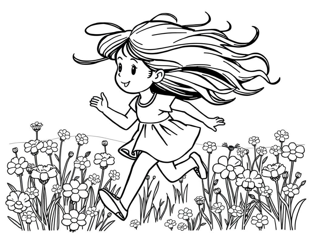 Girl Running in Flowers Coloring Page