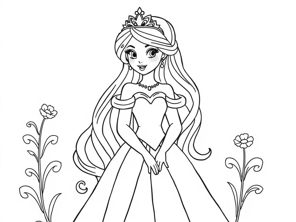Princess Coloring Page with Long Hair and Tiara
