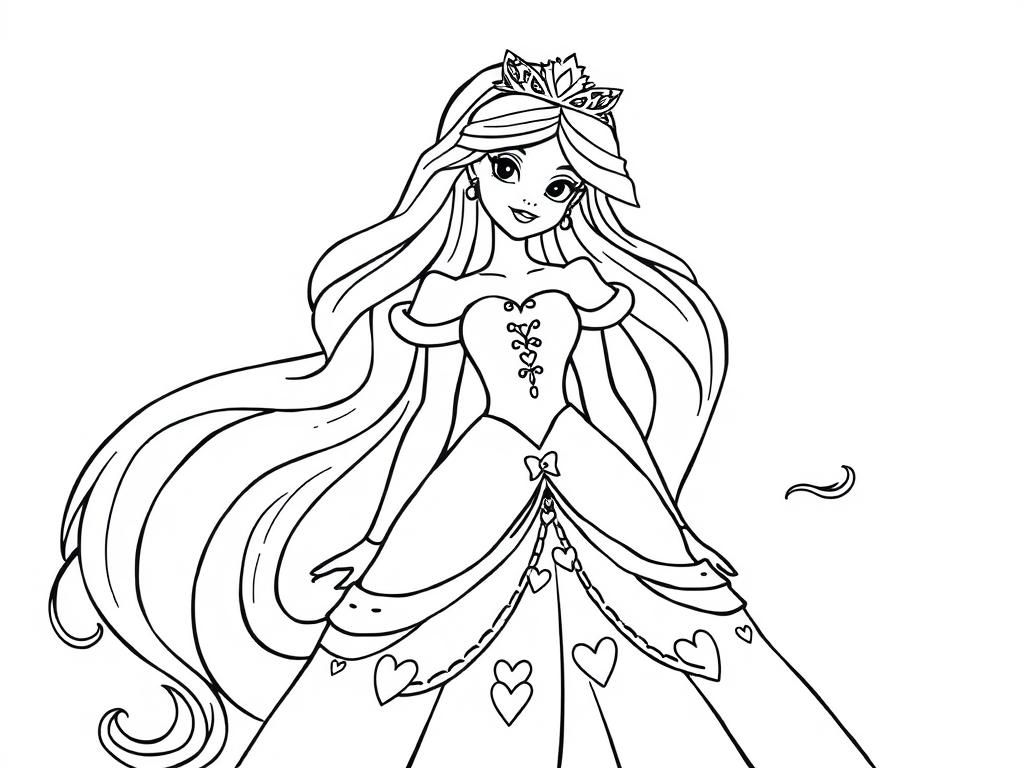 beautiful princess full body with beautiful long hair dress with diamonds. decorations and hearts on the dress. golden decorations in the hair. - Free Printable Coloring Page