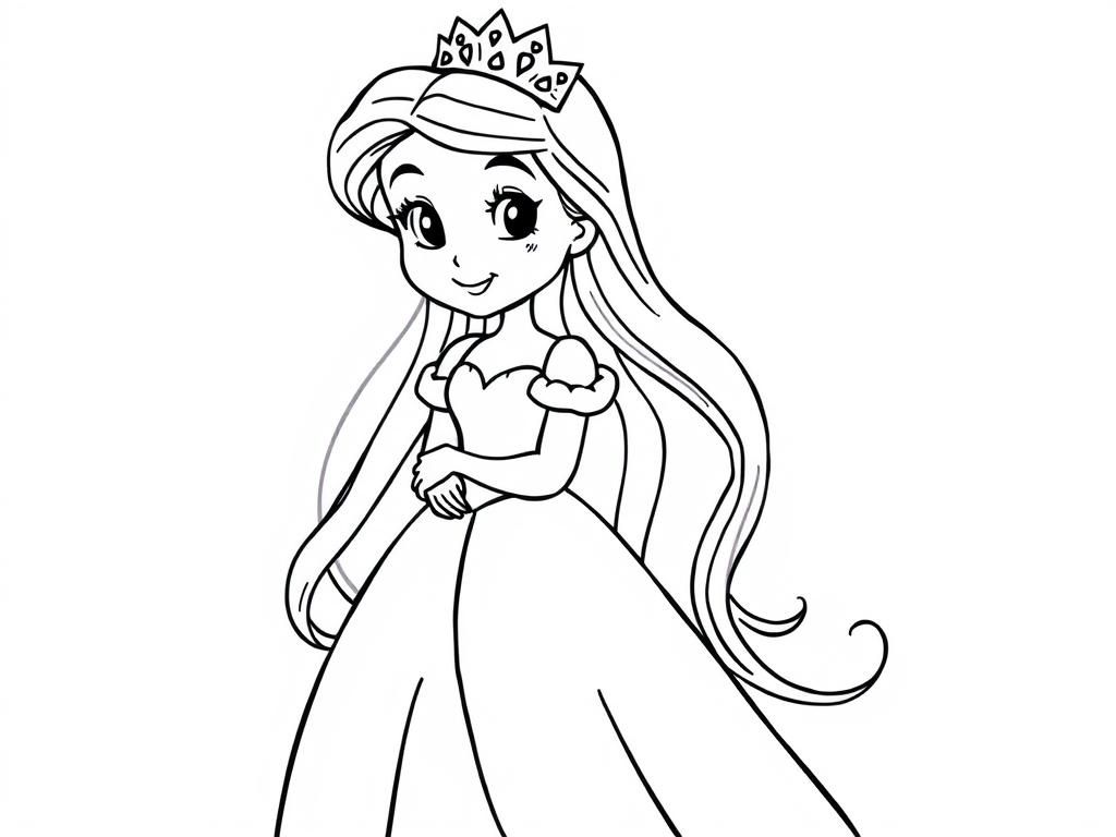 beautiful princess wearing dress with long hair - Free Printable Coloring Page