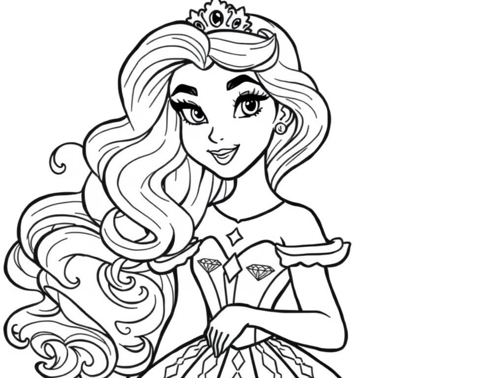 beautiful princess with long curly hair. sweet cheek. full body. zigsag eyebrows. decorations on the dress. diamonds on the dress. bracelet too. diamonds in the hair. - Free Printable Coloring Page