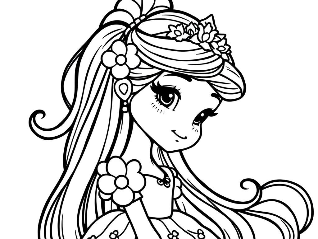 beautiful princess with long hair and dress . very super cute kawaii like. dress should have flowers and decorations. tied up hair shining hair curly - Free Printable Coloring Page