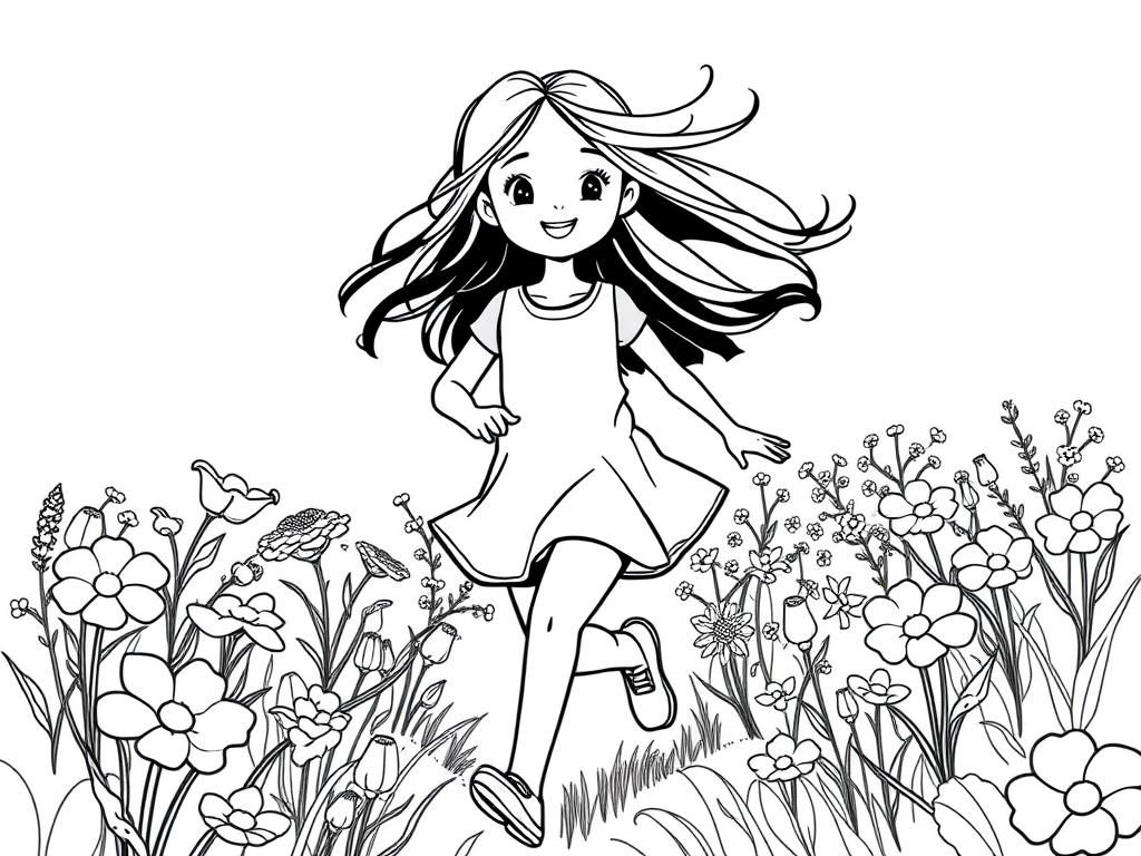 beautiful realistic girl running through a field of flowers with her hair blowing in the wind - Free Printable Coloring Page