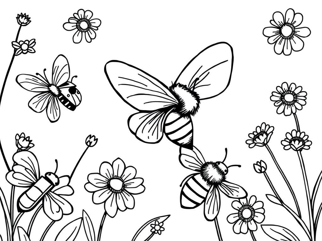 Coloring Page of Bees and Flowers