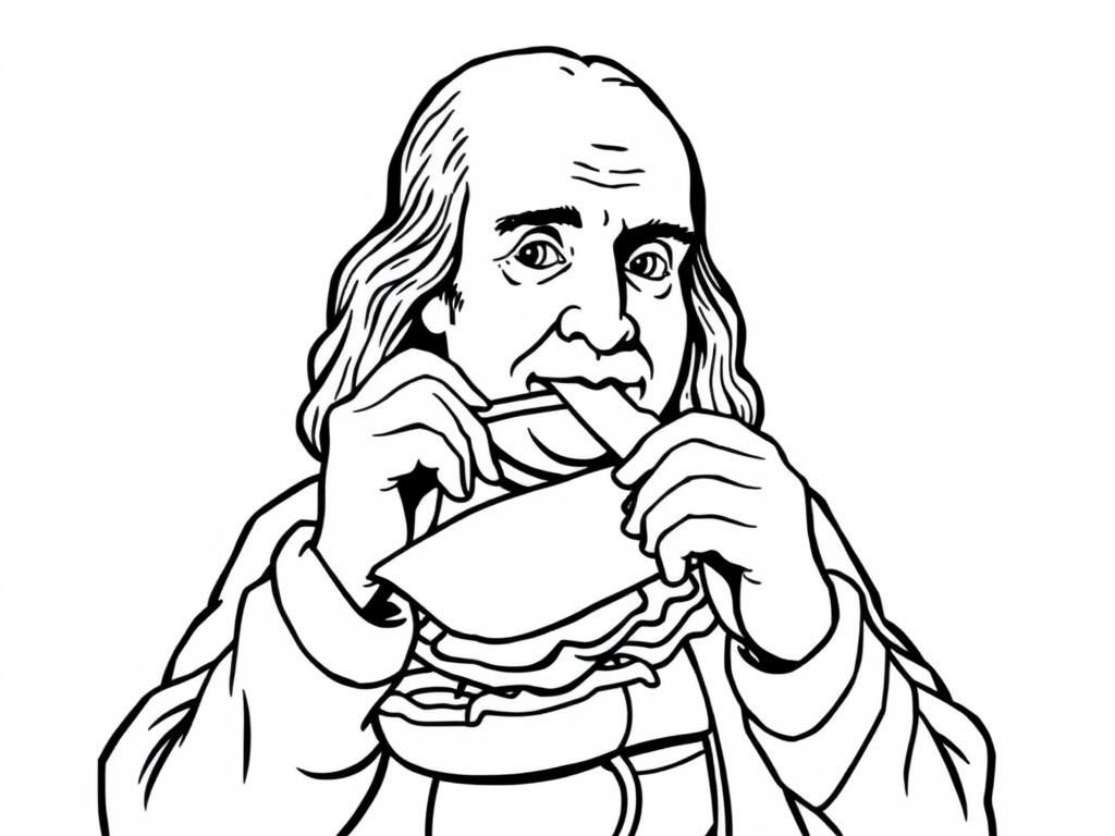 Ben Franklin eating a cheesesteak