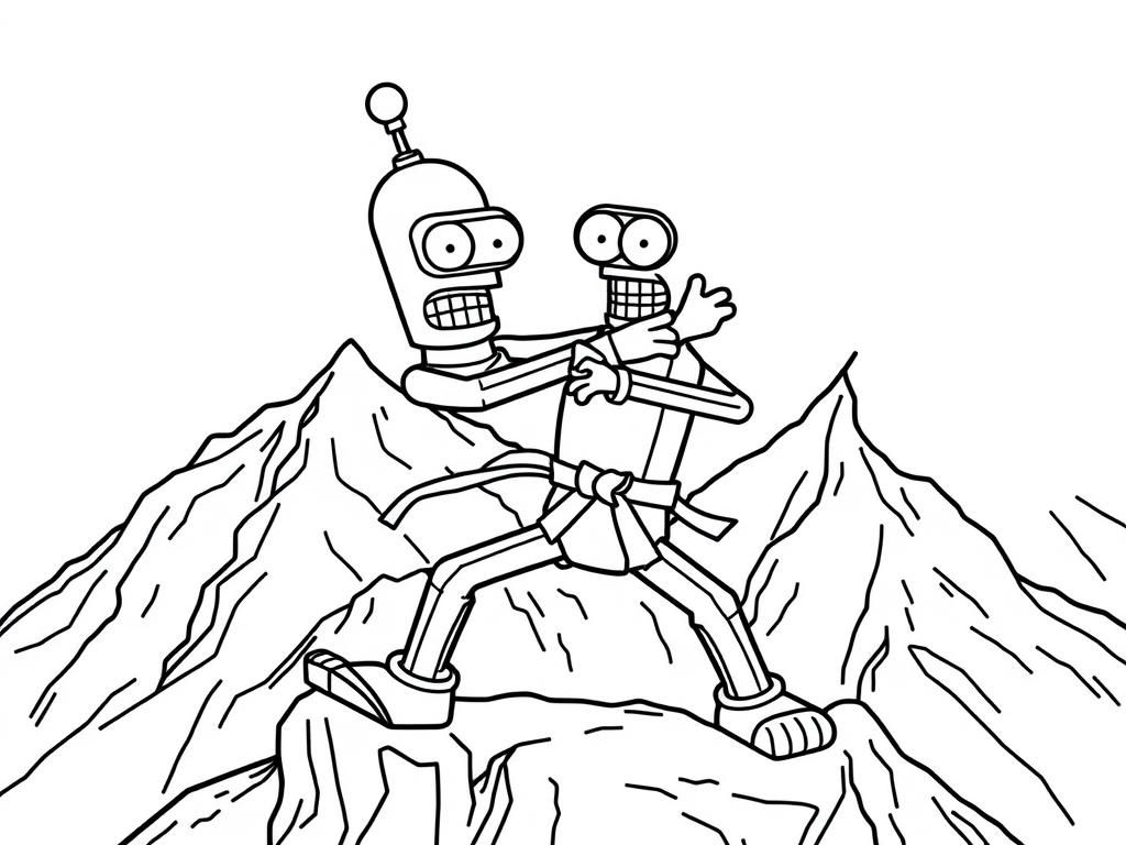 Preview of Bender from futurama doing karate on a mountain