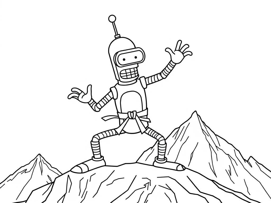 Preview of Bender from futurama, doing karate on a mountain