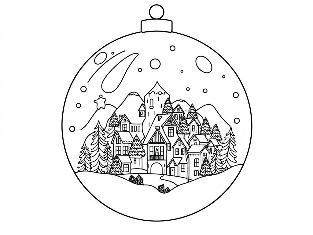 big Christmas ball with a small town inside - Free Printable Coloring Page