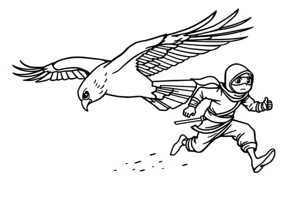 big falcon flying chasing a ninja running