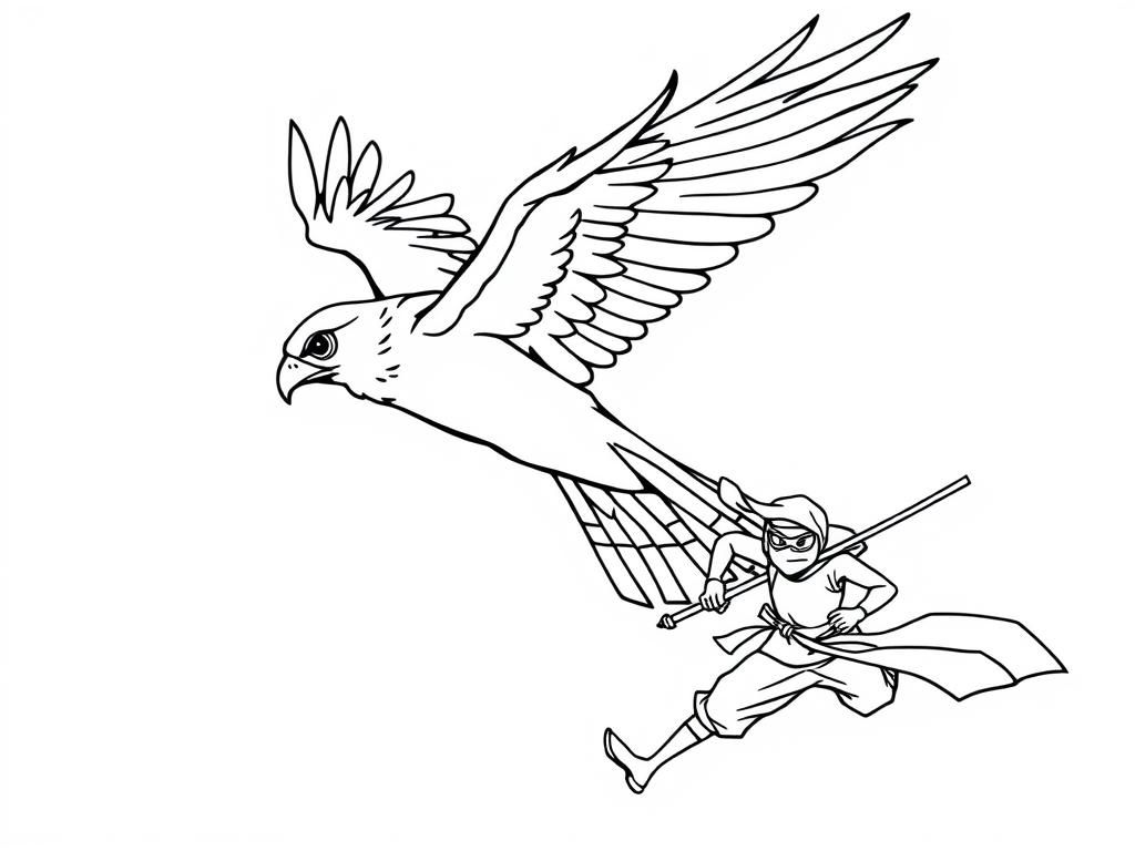 big falcon flying chasing a ninja running. It should have a bird and a ninja