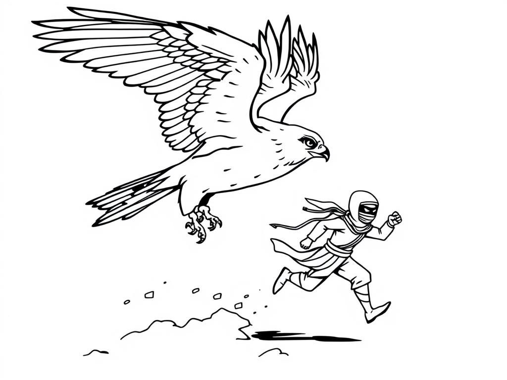 big falcon flying chasing a ninja running. It should have a bird and a ninja