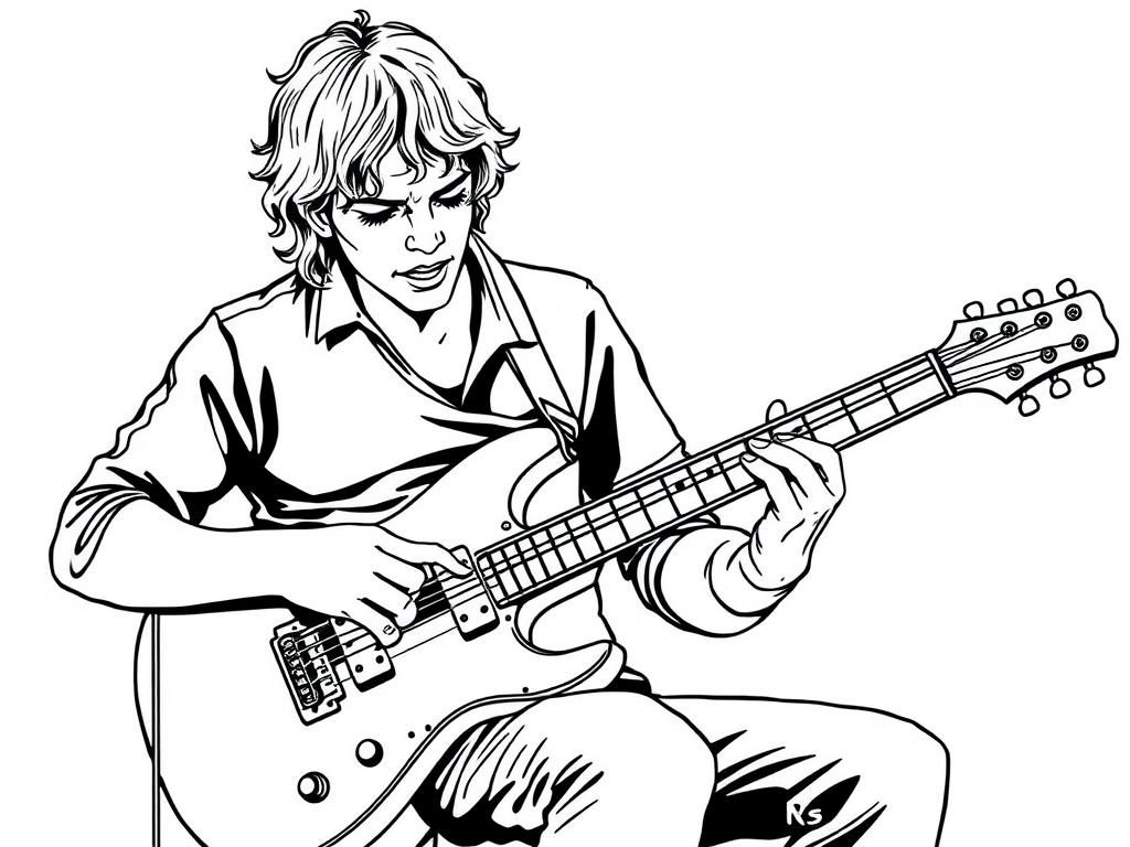 Coloring Page of a Guitarist Playing an Electric Guitar