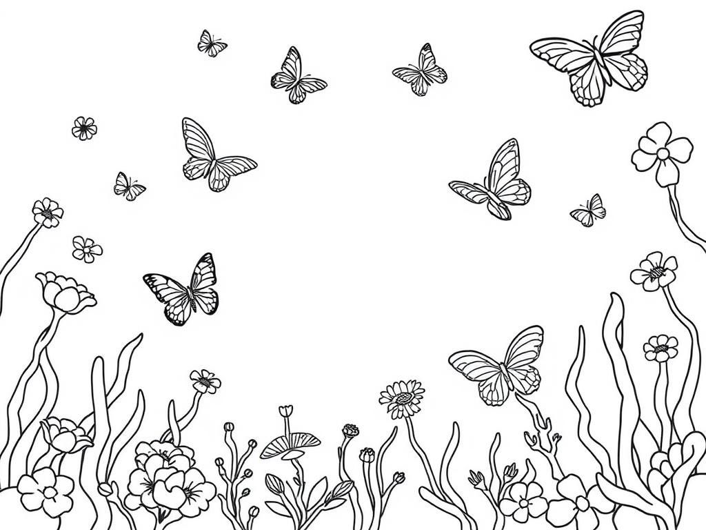 Coloring Page of Butterflies in a Serene Garden Setting