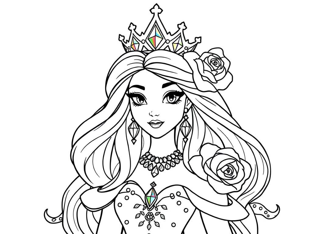 black and white gorgeous princess with crown. long hair full body . jewlery diamonds. really beautiful dress with glitter. glitter decorations in the hair. huge rose with rainbow diamond in the hair - Free Printable Coloring Page