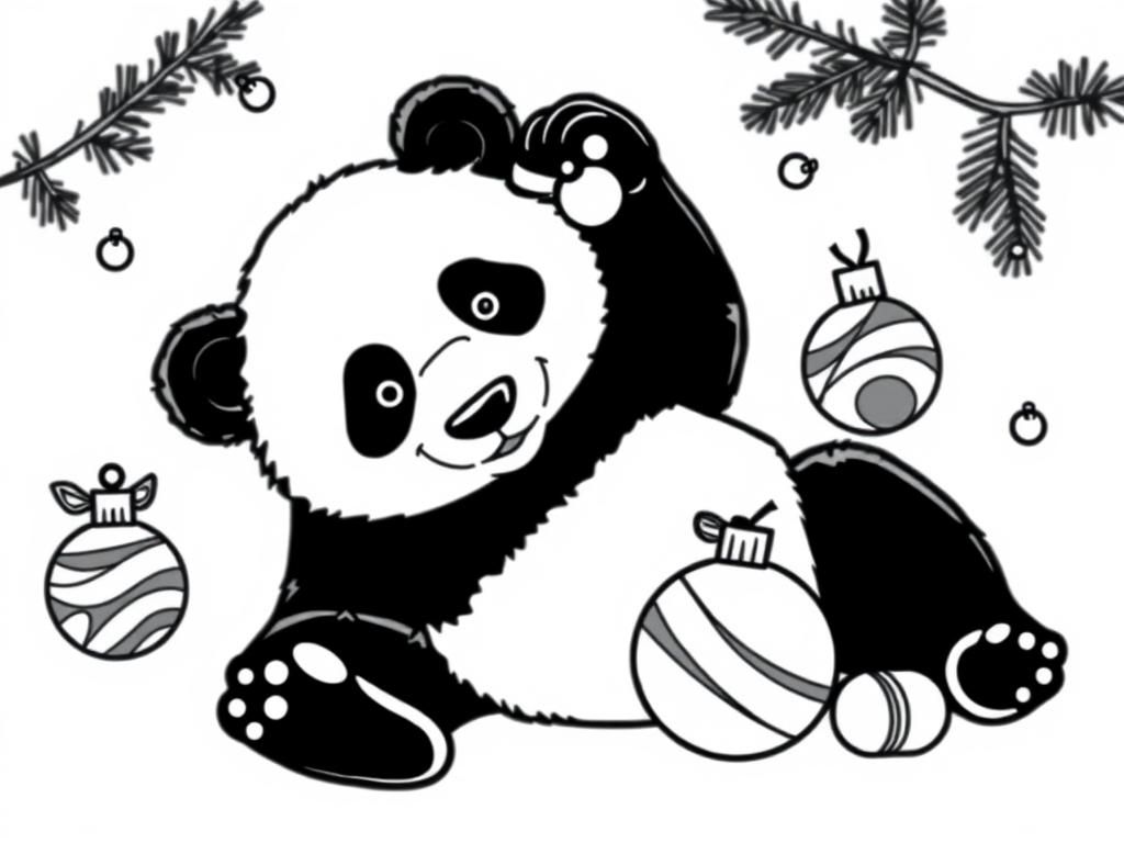 black and white panda playing with christmas ornaments - Free Printable Coloring Page
