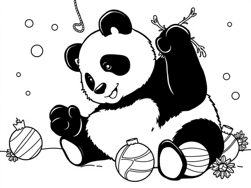 black and white panda playing with christmas ornaments - Free Printable Coloring Page
