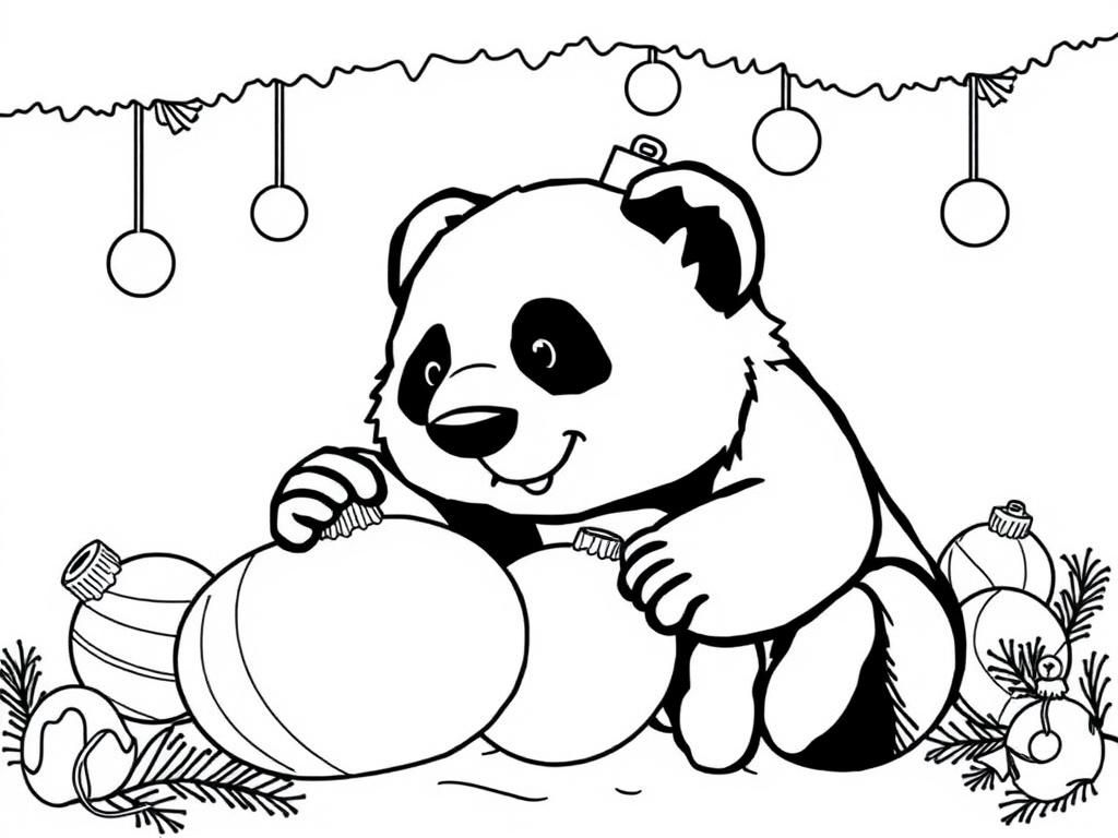 black and white panda playing with christmas ornaments - Free Printable Coloring Page