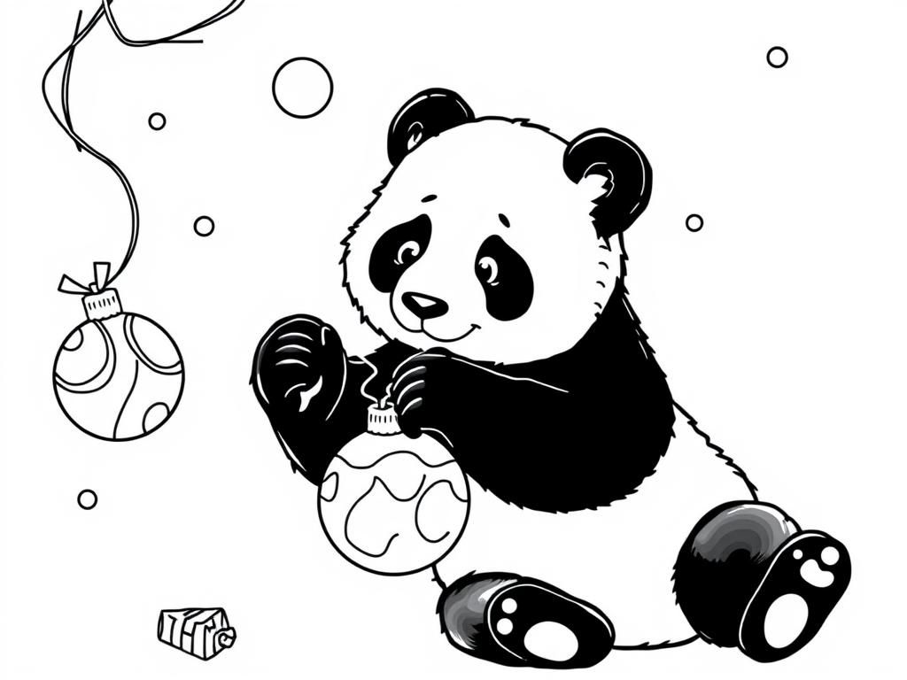 black and white panda playing with christmas ornaments - Free Printable Coloring Page