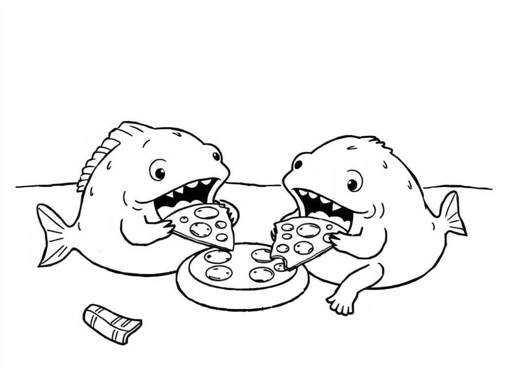 Kleurplaat van een vis die pizza eet