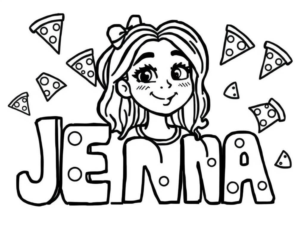 Block letters Jenna with lots of pizza slices - Free Printable Coloring Page