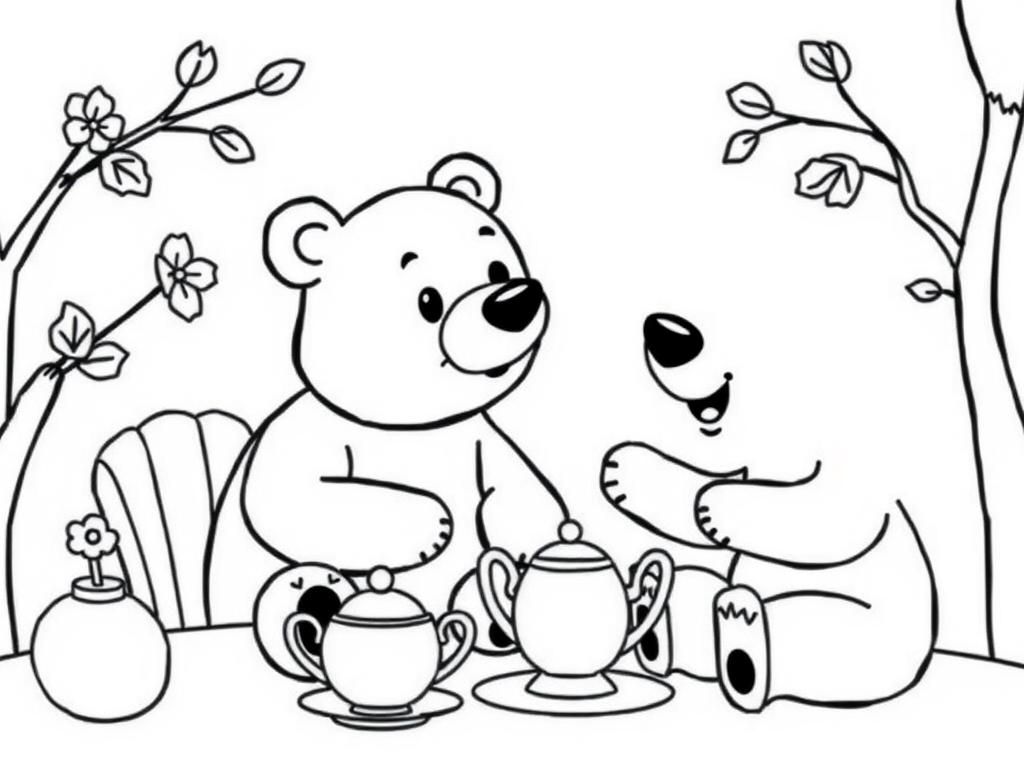 bold and easy- A cartoon bear having a tea party - Free Printable Coloring Page