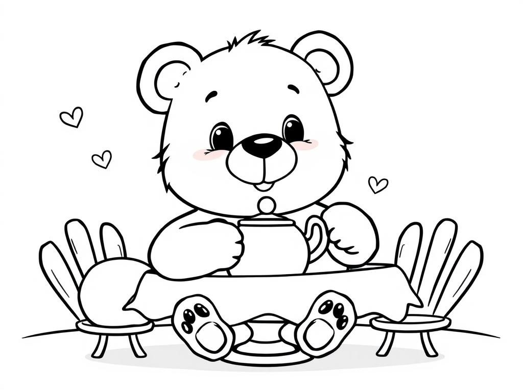 bold and easy- A cartoon bear having a tea party - Free Printable Coloring Page