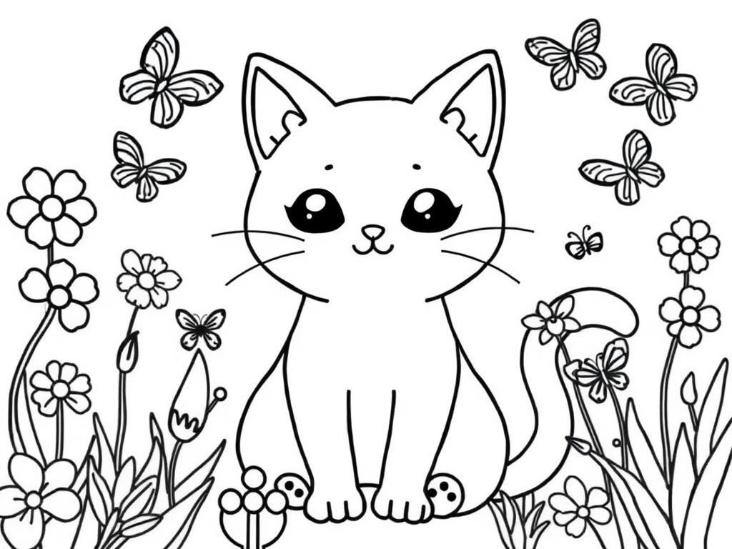 Bold and easy cat kawaii garden butterflies - Free Printable Coloring Page