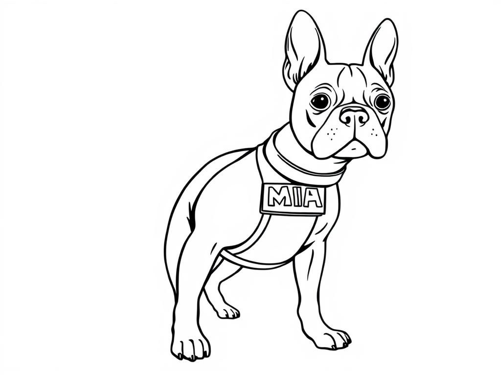 Preview of boston terrier female with harness that says MIA. full body