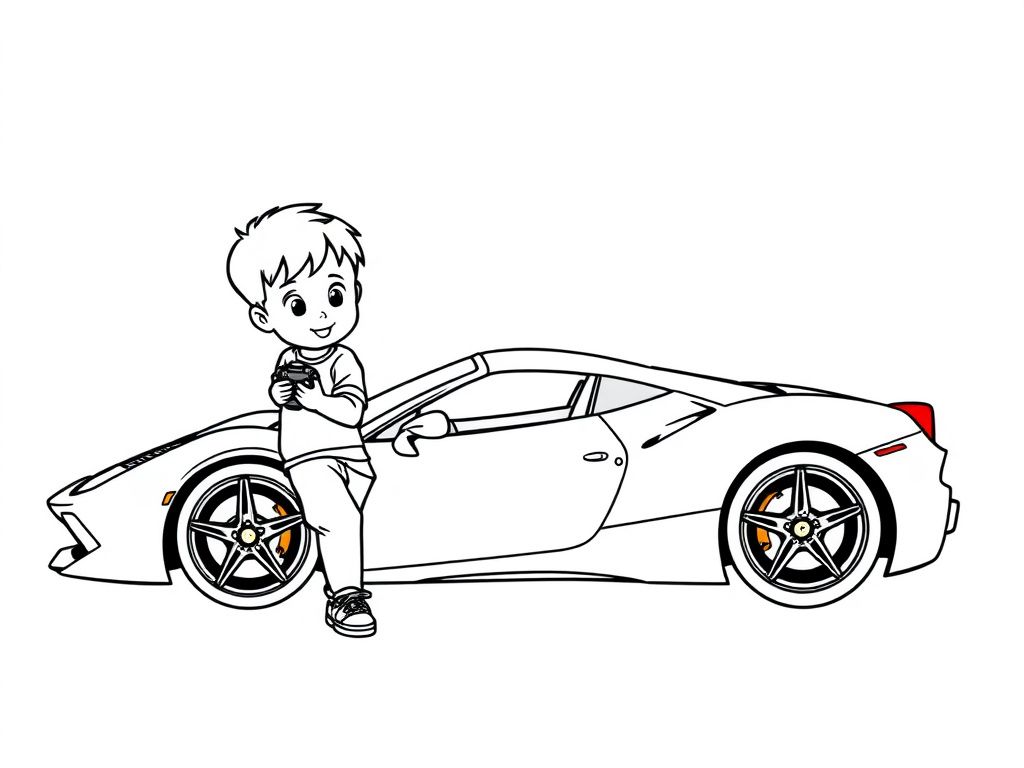 Boy with Sports Car Coloring Page
