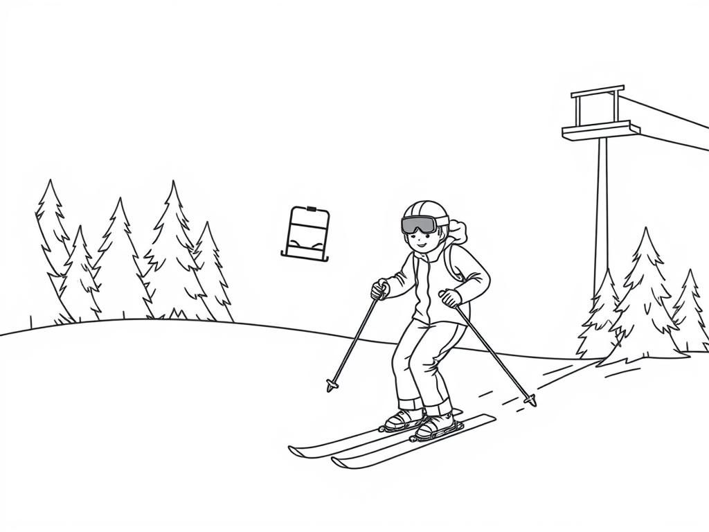 boy skiing with father, on slope, skilift, trees