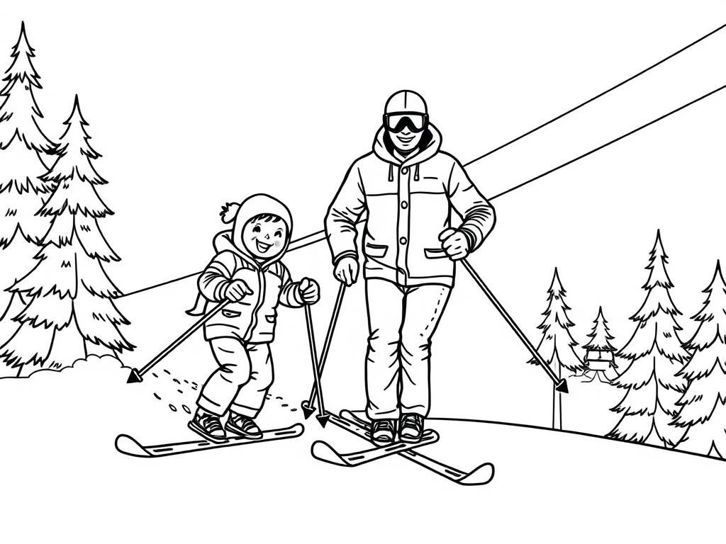 boy skiing with father, on slope, skilift, trees