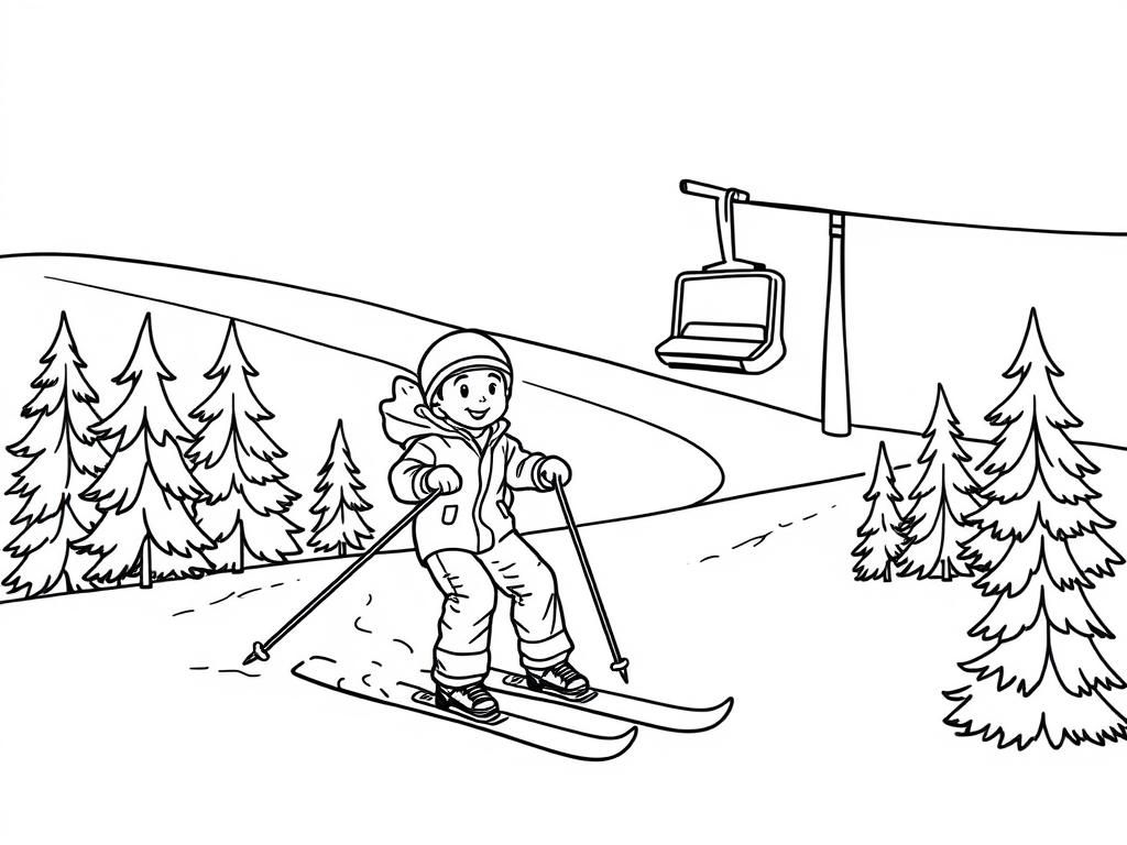 boy skiing with father, on slope, skilift, trees