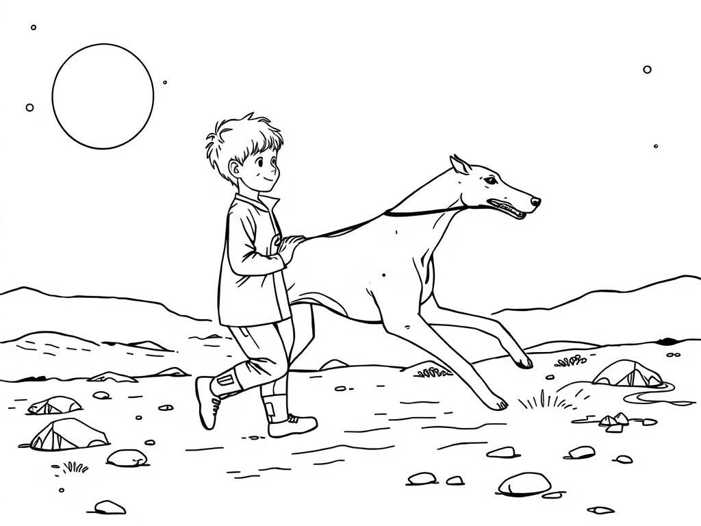 boy wlaking a grayhound on mars