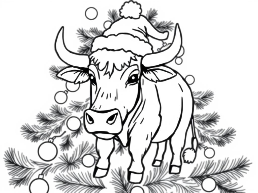 bull with santa hat on christmas tree in background - Free Printable Coloring Page