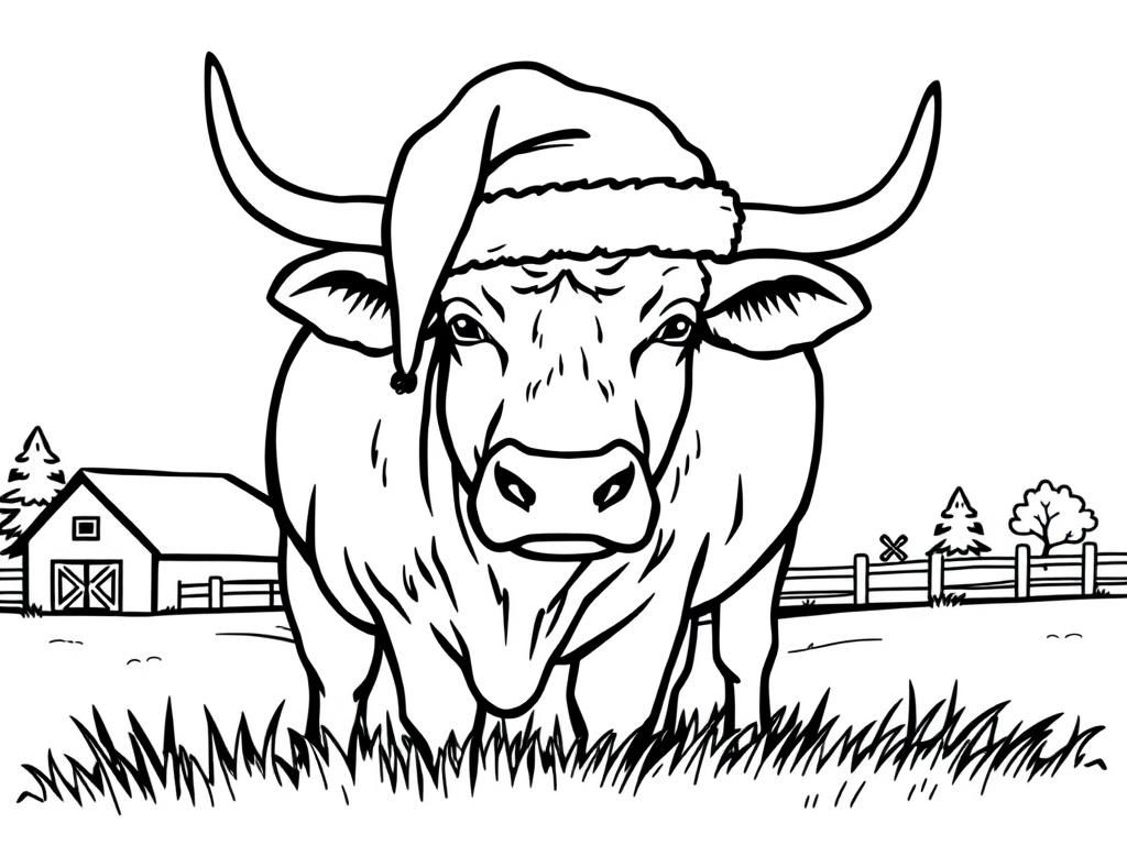 Kleurplaat van een stier met een kerstmuts