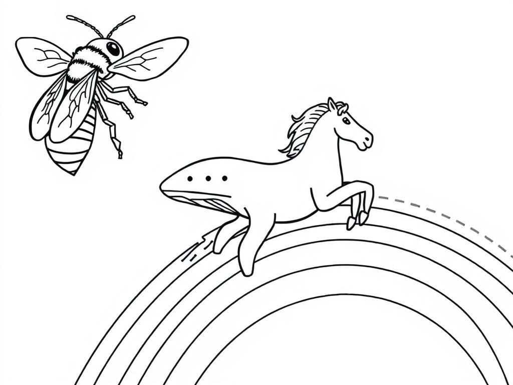 Whimsical Whale and Bee on a Rainbow Coloring Page