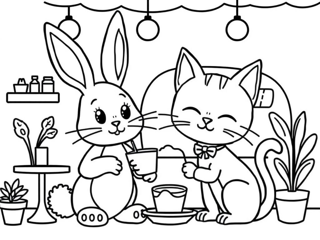 Coloring Page of Rabbit and Cat Enjoying Tea Together