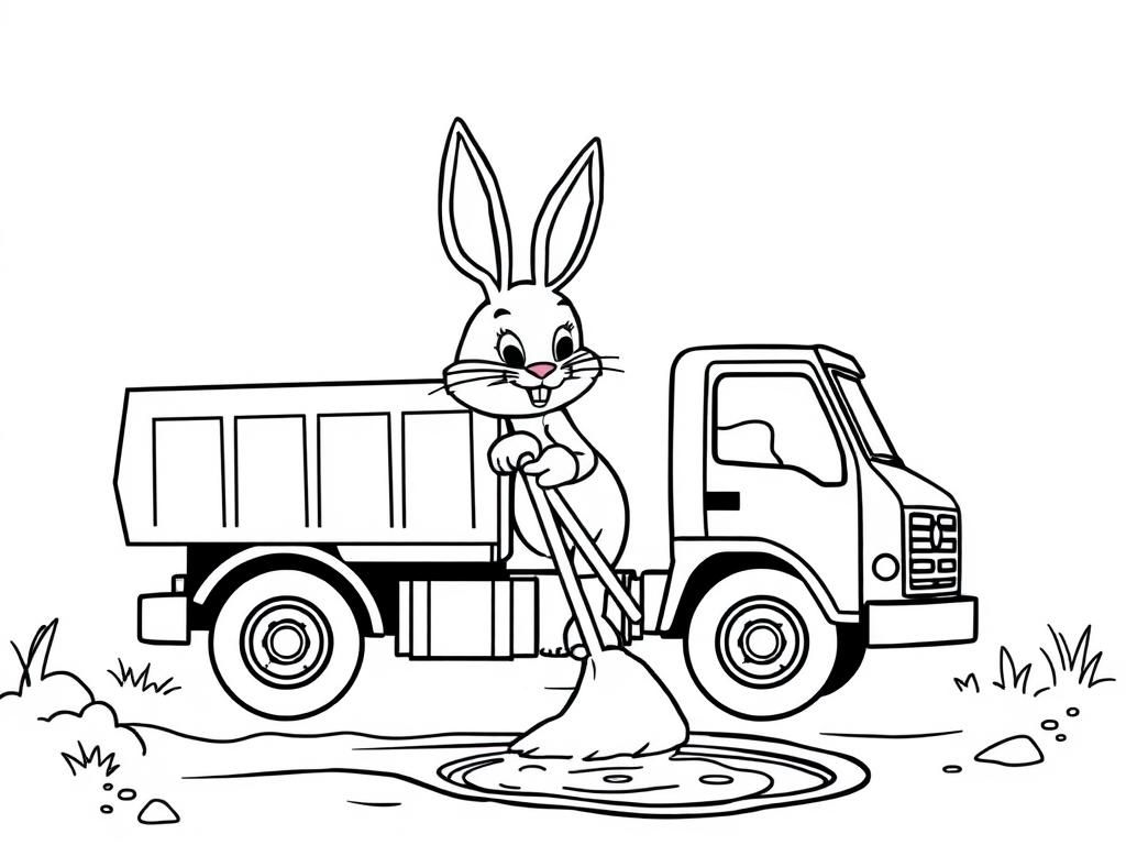 Cute Rabbit with Broom and Truck Coloring Page