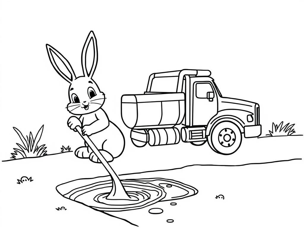 Bunny cleaning a drain with a truck - Free Printable Coloring Page