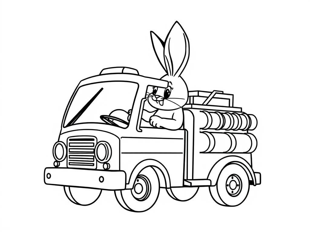 Cartoon Rabbit Fire Truck Coloring Page