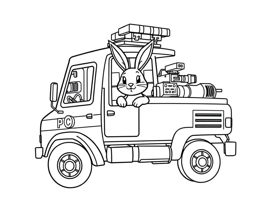 bunny in a large police truck with equipment in the back - Free Printable Coloring Page