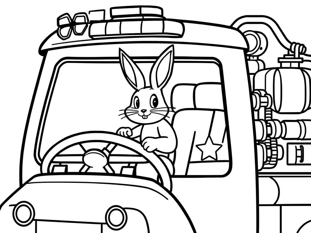 bunny in driver seat in a police truck with big equipment in the back - Free Printable Coloring Page