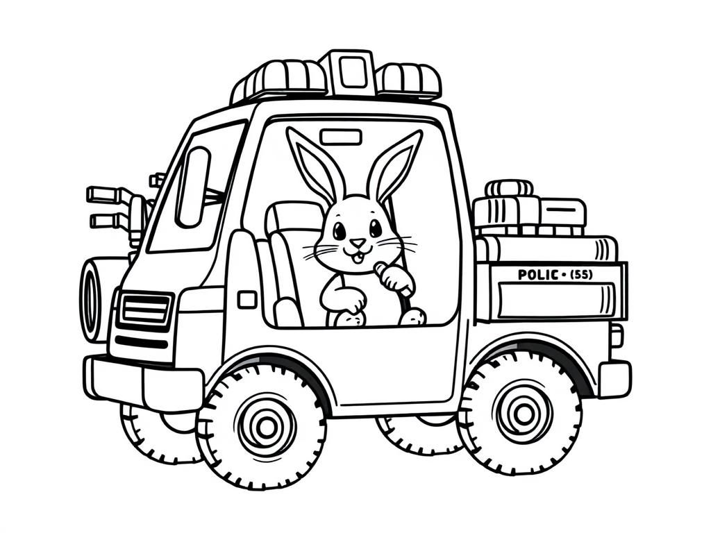 Cute Rabbit Police Truck Coloring Page For Kids