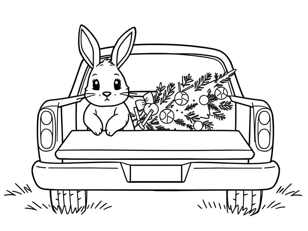bunny sitting in the trunk of a pickup truck with a christmas tree - Free Printable Coloring Page