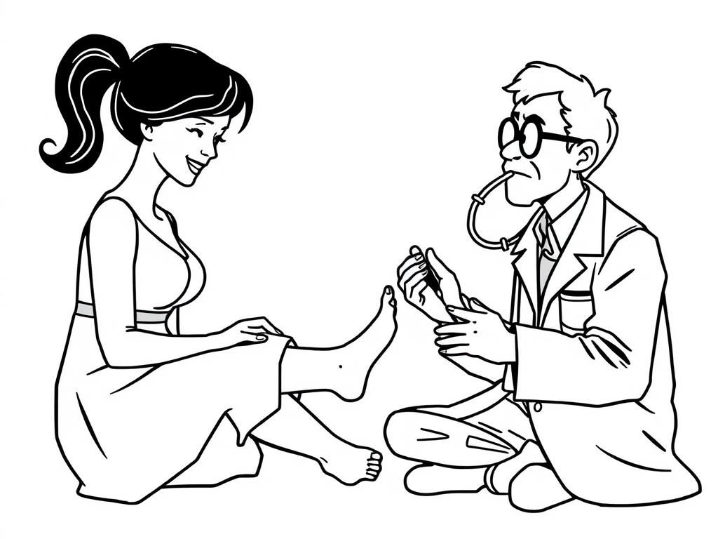 busy woman with bare feet showing feet to scientist who is interested