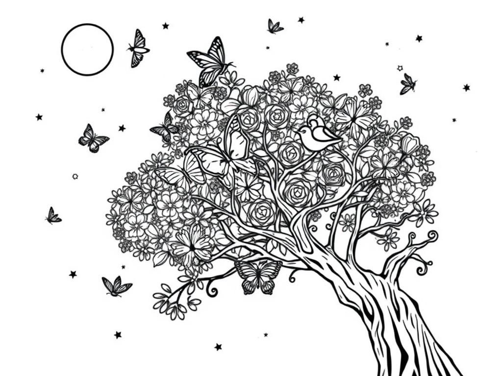 butterflies and birds in tree in outer space