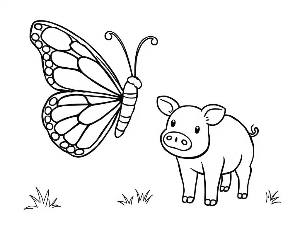 Coloring Page of a Butterfly and a Pig