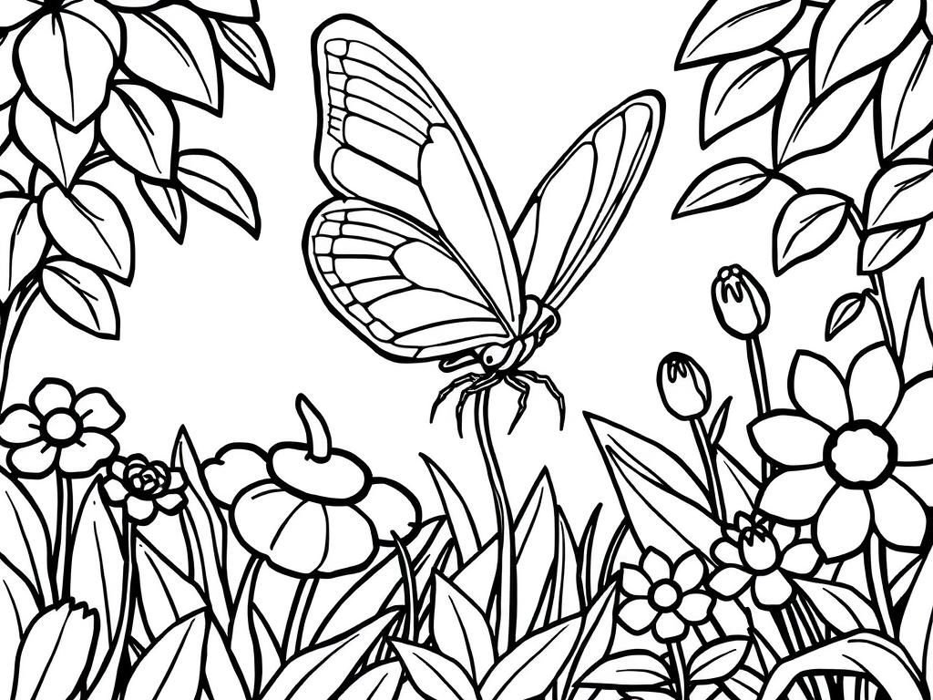 Delicate Butterfly and Flowers Coloring Page